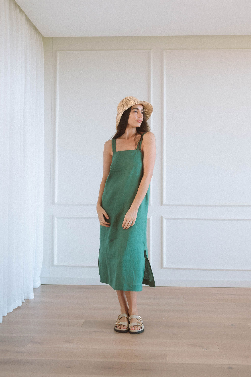 Dark Green Linen Midi Dress Tokito European Linen Blend Midi Dress With Detachable Straps In Green Dark Green Linen Midi Dress Tokito European Linen Blend Midi Dress With Detachable Straps In Green