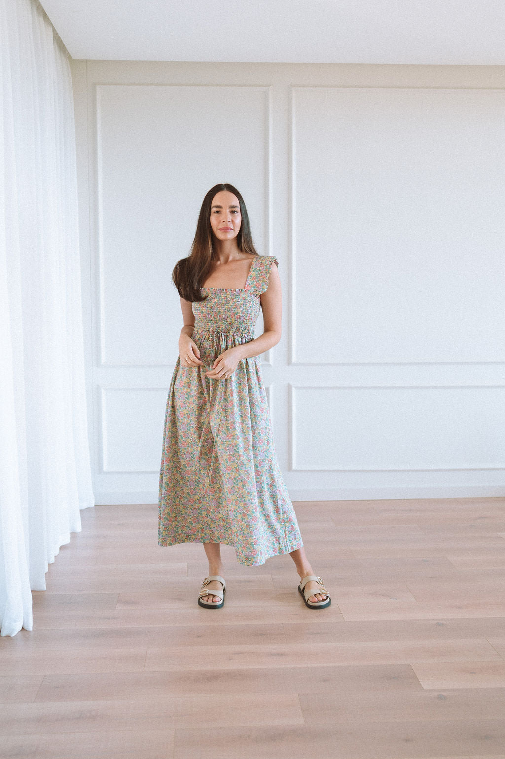 Eva Shoulder Frill Shirred Bodice Dress