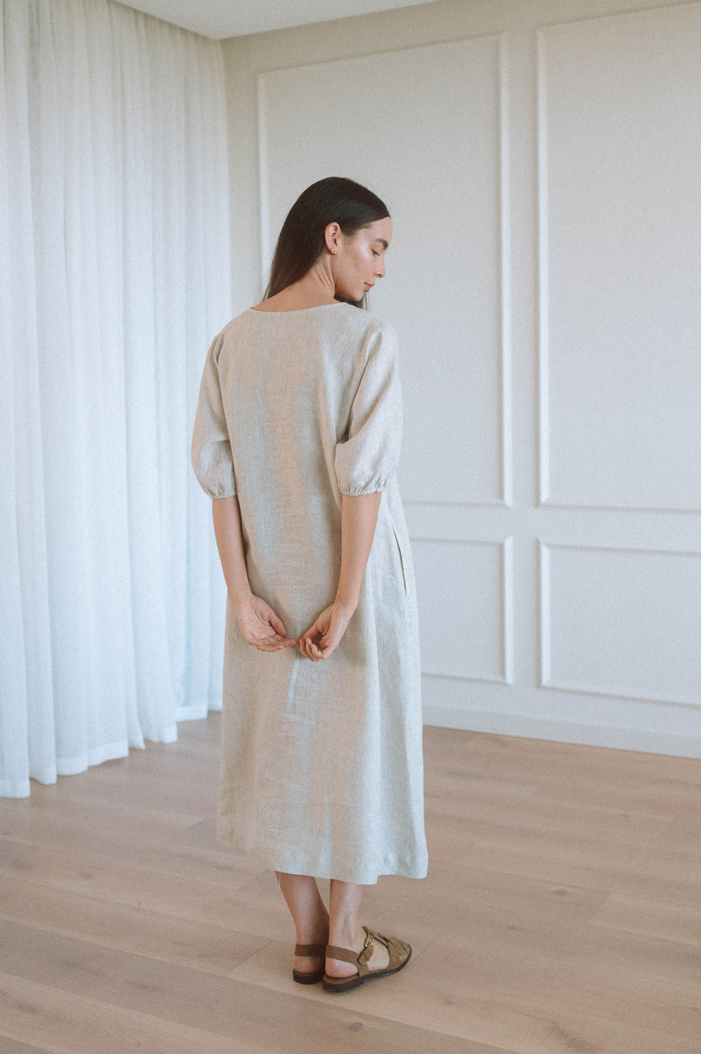 knee length dresses for ladies Puff Sleeve Linen Drop Hem Dress in Black, Pink and Soft Khaki by Grac –  sammi main image 0