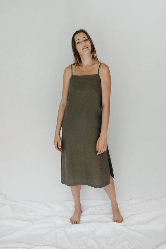 Saffron Midi Slip Dress - Slate Linen - Size M